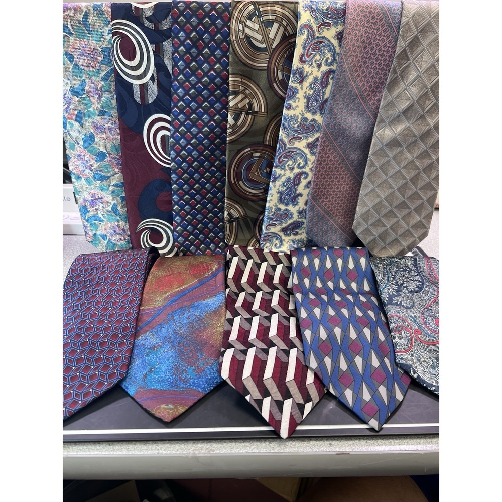 Vintage Men's Neckties Lot Of 12 Geometric Different Brands Ties Some Silk